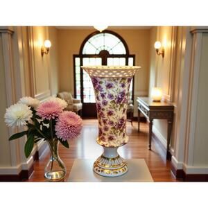 Baum Brothers Formalities Porcelain Vase with Purple Pansy Pattern. 8" in tall